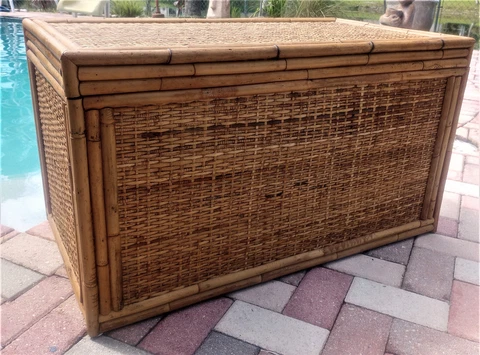 Vintage Mid Century Bamboo Wicker Rattan Trunk Chest Cover