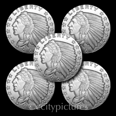 (5) Rondas de plata indias Incuse GSM de 1/2 oz • 0,999 BU fino • 2,5 oz total #2 Foto 1 de 2