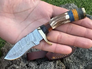 HUNTEX Custom Handmade Damascus Blade, Deer Antler Handle Exotic Mini Boot Knife - Picture 1 of 6
