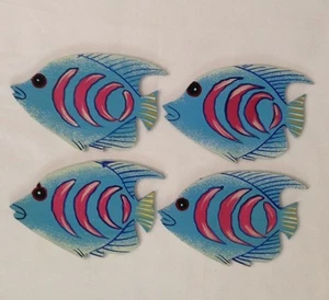 SET of 4 Blue Tropical Fish COASTERS or WALL DECOR hand painted, artist signed - Picture 1 of 6