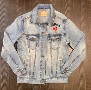 Jim Beam Jacket Womens Small Blue Denim Embroidered Distressed Trucker American - Picture 1 of 8