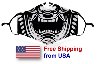 Samurai Oni Face Mask with Filter Pocket Reusable Fashion Print Japanese Vintage - Image 1 of 4