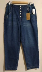 Pantalones de mezclilla para mujer Kensie pierna de barril talla 12 azul botón mosca tiro alto NUEVO - Imagen 1 de 13
