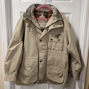 Woolrich Mens Jacket Tan Barn Chore Coat Plaid Wool Lined Hood Vintage LRG - Picture 1 of 6