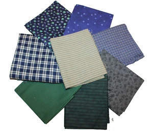 Fat Quarter 18 in x 22 in Cotton Fabric Bundle Lot of 8 Blue, Green, Gray - READ - Picture 1 of 6