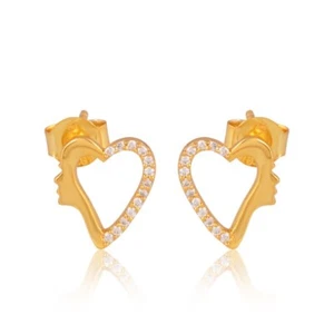 14k Gold Picasso Face Heart Earrings With Diamonds Women's Dainty Stud Earrings - Picture 1 of 3