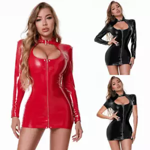 Womens Latex Leather Shiny Wet Look Zipper Bodycon Mini Dress Long/Short Sleeve - Picture 1 of 14
