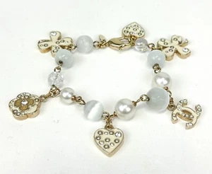 CHANEL Charm Bracelet Light Gold Cream Enamel Charms Faux Pearl Bead Rhinestone - Picture 1 of 9