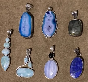 Lot Of 7 Shades Of Blue Gemstone .925 Sterling Silver Pendants- Larimar, Lapis, - Picture 1 of 9