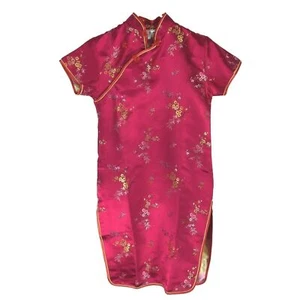 Oriental Girls Dress 14 Pink Satin Floral Frog Knot Mandarin Collar Satin Trim - Picture 1 of 7