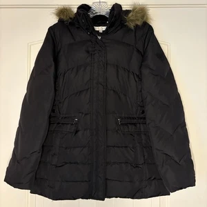 Down Hooded Puffer Jacket Women Medium Faux Fur Hood Trim Adjustable Waist Ski - Picture 1 of 10