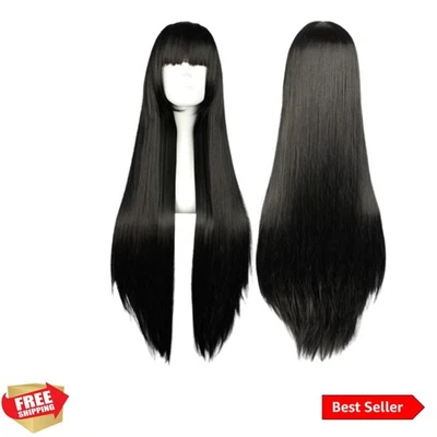 Peluca larga negra de alta calidad con flequillo plano - perfecta para eventos de cosplay Foto 1 de 4