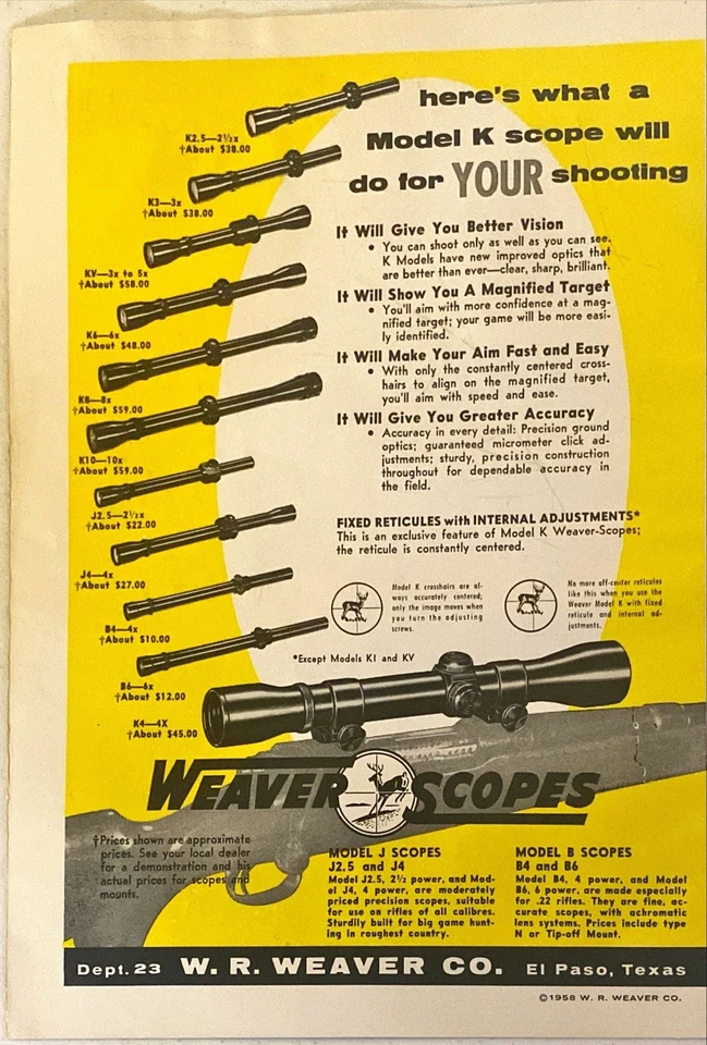 1958 Прицелы Weaver Винтажная Печатная Реклама Цель Быстрое Улучшение Видения Большая Точность - Изображение 1 из 1