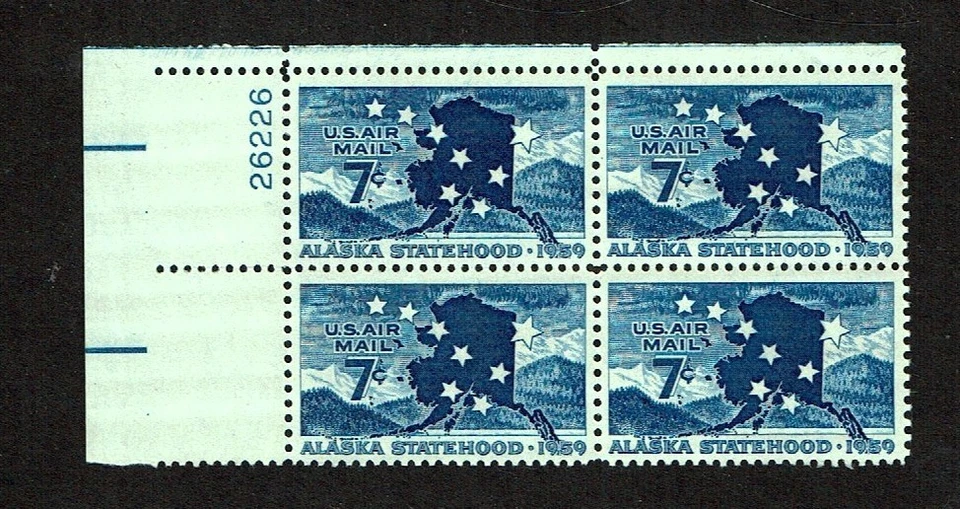 1959 U.S. AIRMAIL 7c ALASKA STATEHOOD  Plt#Blk Sc#C53 M/NH/OG* Pristine ^ - Image 1 of 1