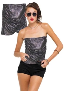 FREE PEOPLE Womens XS Strapless SHIMMER BANDEAU TOP Side Zipper Black/Silver - Picture 1 of 4
