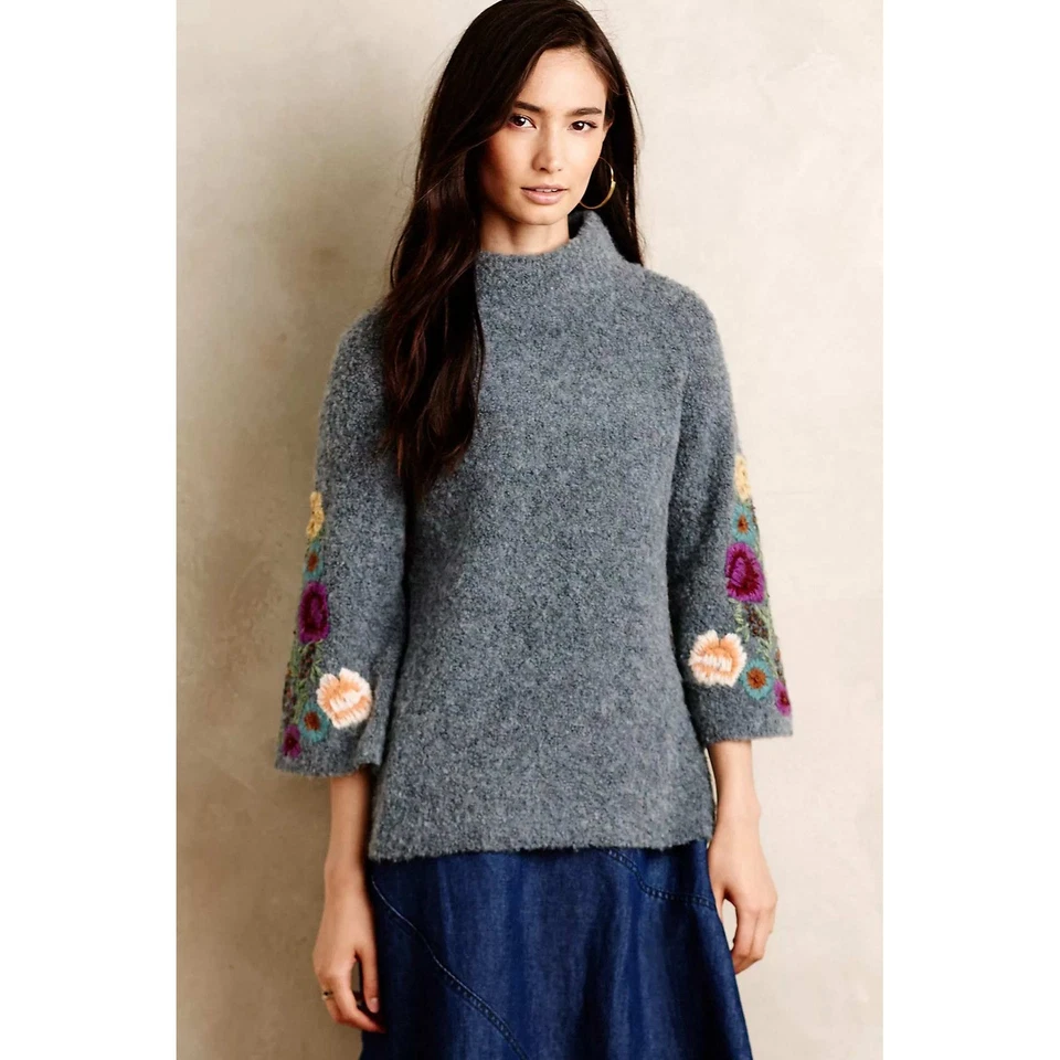 Sleeping On Snow Embroidered Floral Mock Neck Bell Sleeve Cozy Knit Sweater M - Image 1 of 4