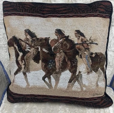 Native American on Horseback Daryl Poulin Signed 16 x 16 Vintage Tapestry Pillow - Image 1 of 4