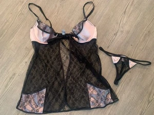Victorias Secret Babydoll Nighty taglia 34C e perizoma taglia S nero rosa lingerie sexy - Foto 1 di 10