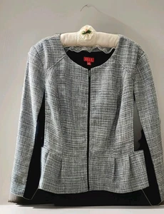 ELLE Tweed Blazer Womens 2X Gray Front zip Peplum Tweed Knit Black Panel  - Picture 1 of 5