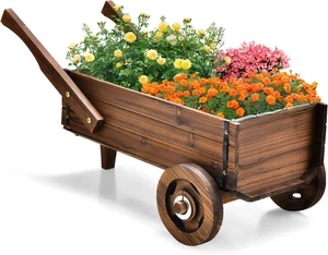 Fioriera Da Esterno in Legno a Forma Di Carrello, Carriola Portafiori Con Ruote, - Foto 1 di 8