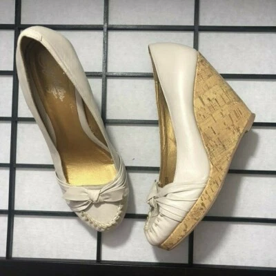 SEYCHELLES Wedge Sz 8.5 Bow Cream Leather Cork Contrast Stitch Shoes Block S3 - Image 1 of 4
