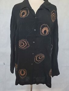Maggie Barnes Shirt 2X Black Tan Embroidered  Button Up Gauze Long Sleeve 