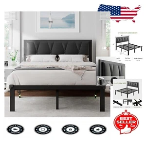 Stylish Full Platform Bed Frame with Faux Leather Headboard - Easy Assembly - Picture 1 of 10