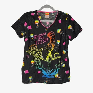 NWOT Dr. Seuss Reading Is My Thing Scrub V Neck Top TF626 XS Pockets Medical - Picture 1 of 14