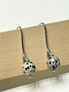 Dalmatian Jasper Gemstone 8mm Bead Earrings Silver Hooks Unique Jewelry 20% OFF - Picture 1 of 4