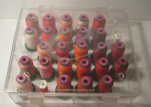 OKLAHOMA EMBROIDERY Spool Case with 25 ISACORD Thread Spools ORANGES Pinks REDS - Picture 1 of 3