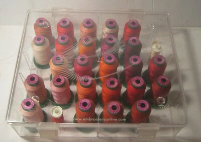 OKLAHOMA EMBROIDERY Spool Case with 25 ISACORD Thread Spools ORANGES Pinks REDS - Image 1 of 3