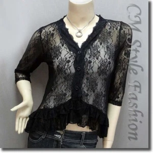 * Elegant Floral Lace Sheer Cardigan Blouse Fashion Top Black M - Picture 1 of 6