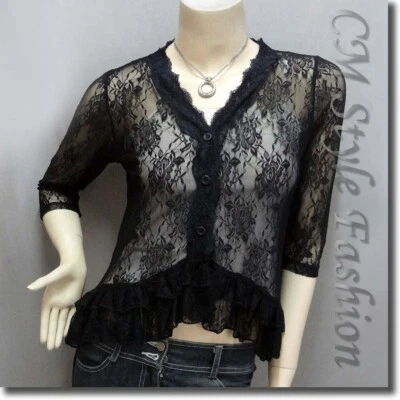 * Blusa cardigã elegante floral de renda transparente moda top preta M - Imagem 1 de 4