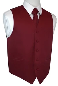 BURGUNDY SATIN FORMAL TUXEDO VEST, TIE & HANKIE SET Wedding, Prom, Homecoming - Picture 1 of 4