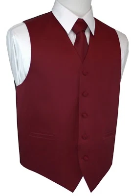 BURGUNDY SATIN FORMAL TUXEDO VEST, TIE & HANKIE SET Wedding, Prom, Homecoming - Image 1 of 4