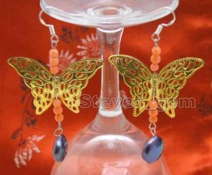 12-13mm Black Coin Round Pearl and Pink Coral & Gold butterfl Metal Earring-e565 - Picture 1 of 4