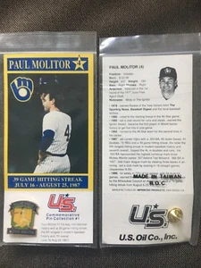 Milwaukee Brewers PAUL MOLITOR Commemorative Pin 39 GAME HIT STREAK U.S. OIL CO. - Picture 1 of 2
