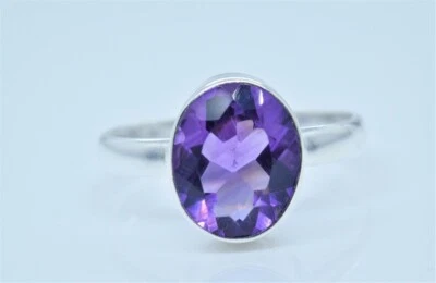 Faceted Purple Amethyst Oval Gemstone Boho Ring 925 Sterling Silver Wedding Ring - Image 1 of 4