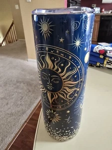 NUOVO bicchiere York blu oro celeste sole luna stelle acciaio inox con coperchio - Foto 1 di 1