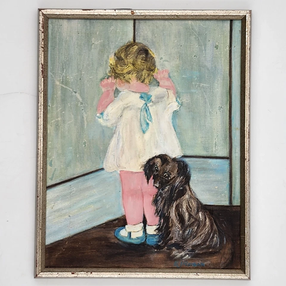 Pintura al óleo original vintage sobre lienzo "En desgracia" niña perro arte firmado enmarcado Foto 1 de 4