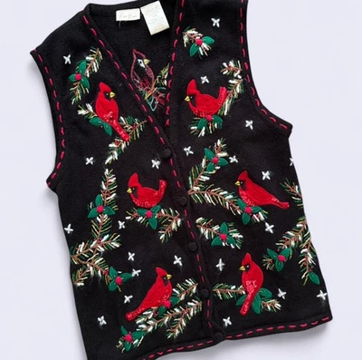 Chaleco Tejido Bobbie Brooks De Colección Negro Cardinal Pájaros Árboles Con Cuentas Para Mujer’s S Foto 1 de 4