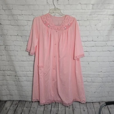 Vtg 70s Shadowline Sz M Nightgown Housecoat Peachy Pink Button Front Nylon Trad - Image 1 of 4