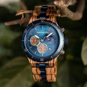 Men's Chronograph Moon Phase Wooden Watch with Blue Dial - Best Gift for Men - Picture 1 of 8