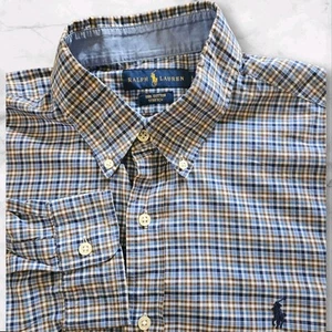 Ralph Lauren Men's 100% Cotton Stretch Button Down Shirt Blue Brown Plaid Sz L - Picture 1 of 10