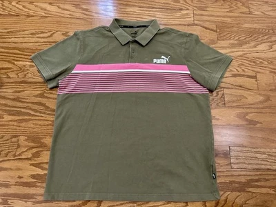 Polo Puma XL Verde Ejército Marrón Blanco Rosa Horizontal Rayas Camisa Botón Deportivo Foto 1 de 4