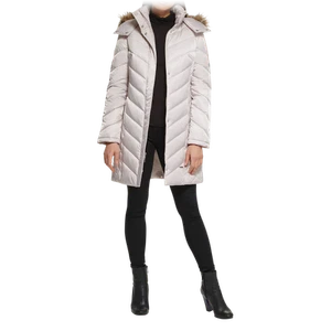 Kenneth Cole Heavyweight 3/4 Faux Fur Trim Hooded Puffer (Light Grey, Medium) - Picture 1 of 5
