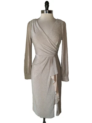 ADRIANNA PAPELL Size 8 Sheath Dress Gold Sparkles Long Sleeve Stretch Knit - Image 1 of 4