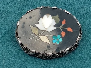 Sterling Silver Pin w. Pietra Dura Flower Inlay in Natural Stone: 1.5 x 1.25" - Picture 1 of 8