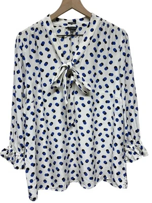 Talbots 100% Silk Long Sleeve Button Up Shirt XL White Blue Polka Dot Neck Tie - Image 1 of 4
