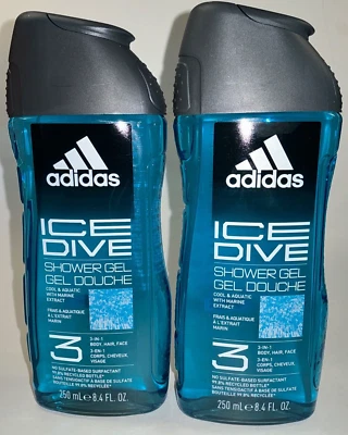 2 Adidas Ice Dive Shower Gel 3-in-1 Body Hair Face Wash Cool & Aquatic 8.4 fl oz - Image 1 of 4